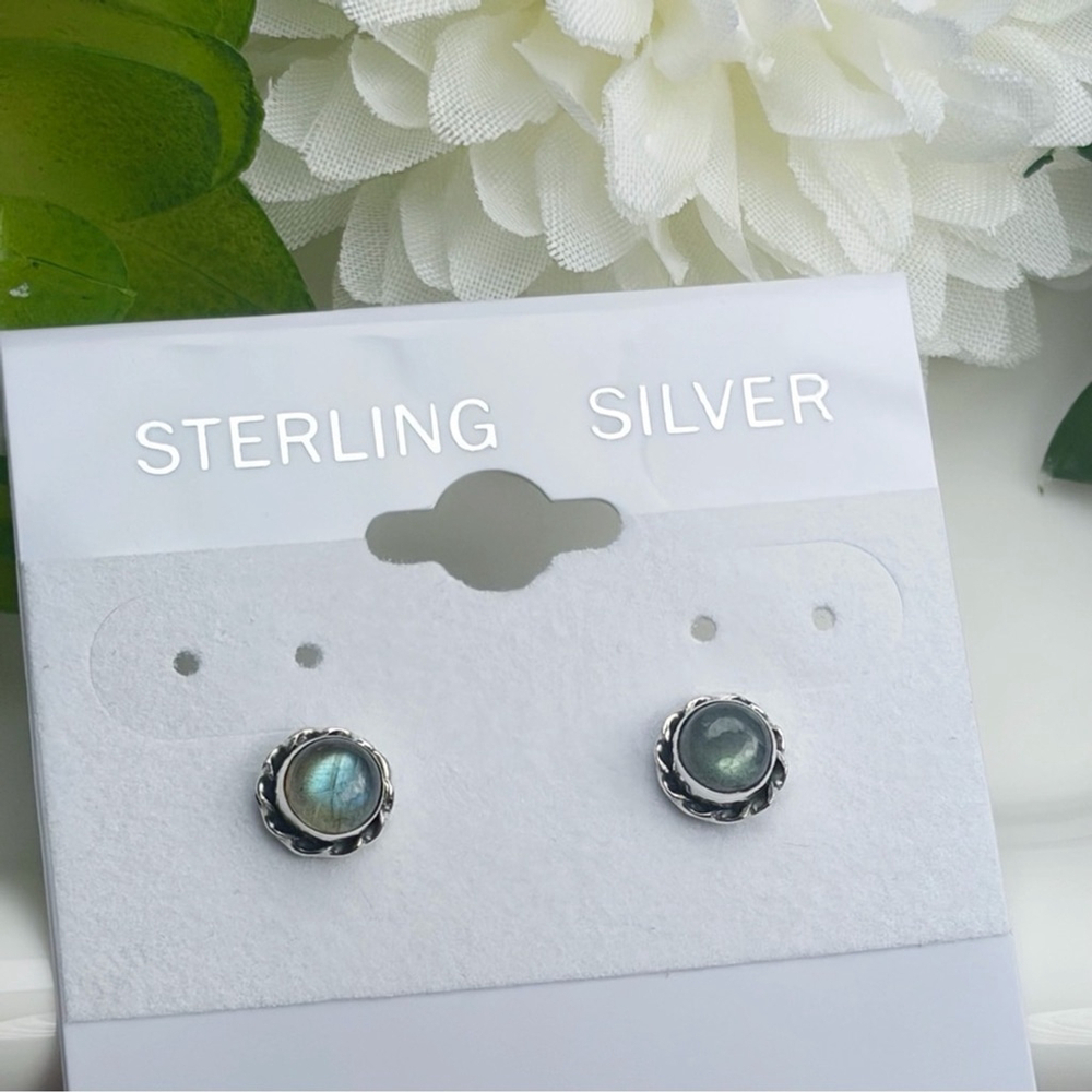 Blue & Green Flash Labradorite Earrings Pure Sterling Silver 925 Round Stud New - Picture 3 of 7